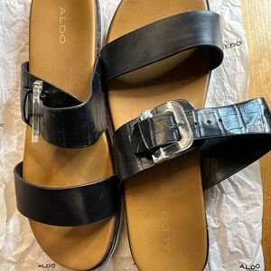 Aldo Black Slide Sandals with Silver Buckles